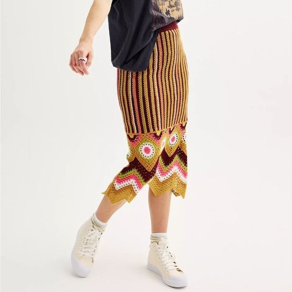 NWT SO Goods for Life Women's Skirt XS Brown Orange Crochet Knit Midi Boho - Picture 1 of 16